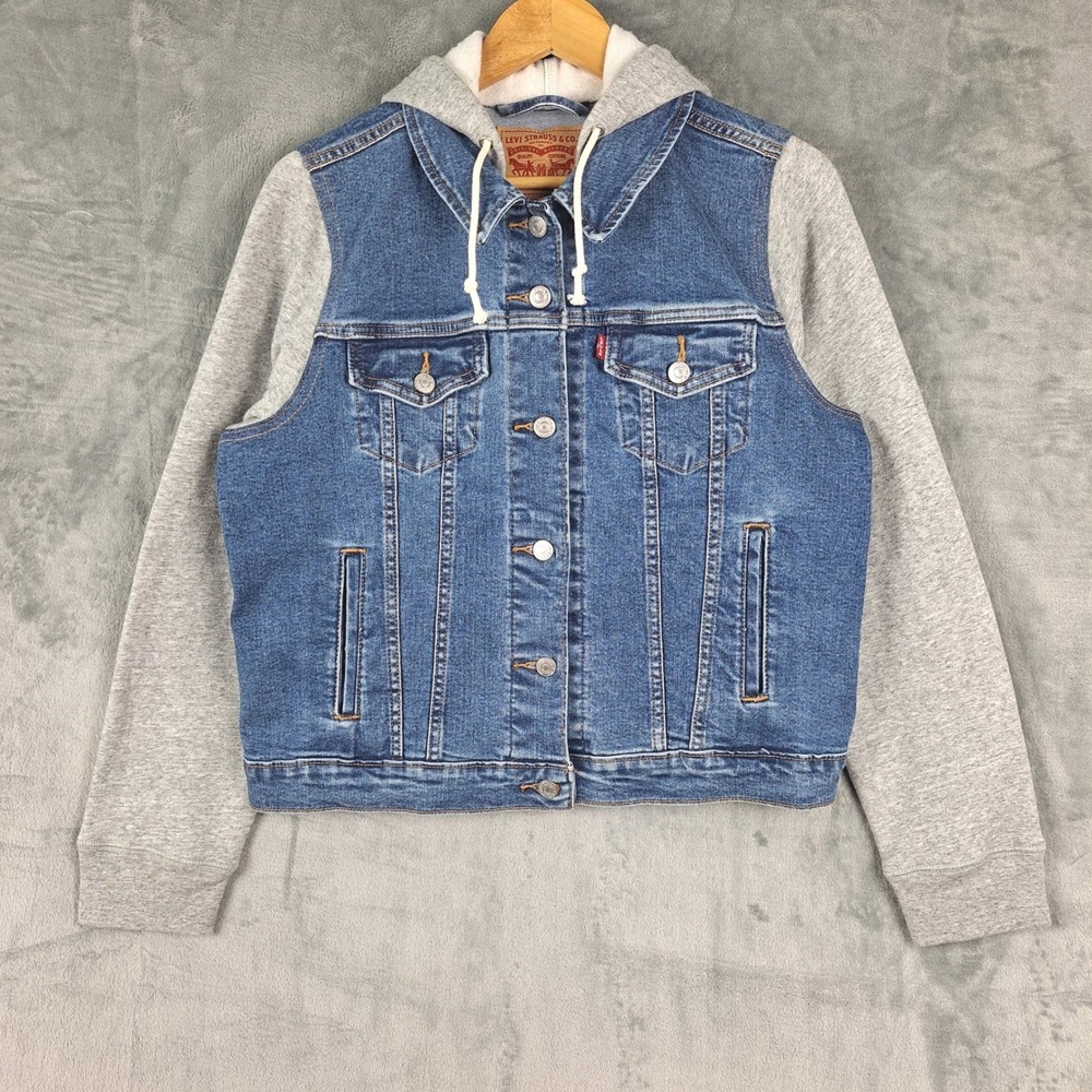 Levis Denim Jean Jacket Womens XL Blue Trucker Hooded Hybrid Streetwear Hipster